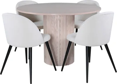 Image de BiancaROWW ensemble table, table chêne plaqué blanc washed et 4 Velvet chaises Velours côtelé beige, noir.