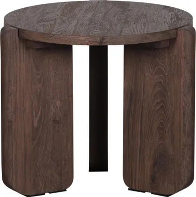 A dark wood-effect side table with a round top and two U-shaped legs.