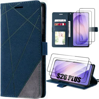 Image de Coque + 2 Verres Trempés pour Samsung Galaxy S26 Plus, Protection Intégrale Antichoc Cuir Synthétique - Bleu Marine