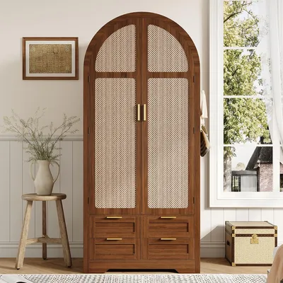 Produktbild von Kleiderschrank mit Gebogenen Türen,Kleiderstange und Schubladen für Schlafzimmer und Eingangsbereiche 80 L x50 B x 179 H(cm) Walnut