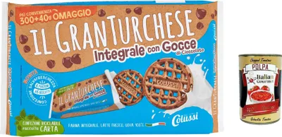 Produktbild von 6x Colussi Granturchese Con Farina Integrale e Gocce di Cioccolato mit Vollkornmehl und Schokoladenstückchen Kekse cookie Kleingebäck 340g + Italian Gourmet polpa 400g