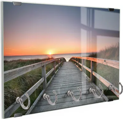 Produktbild von DEQORI Schlüsselbrett Glas 30x20 cm 'Strandpfad in Abendsonne' Schlüssel Halter Haken