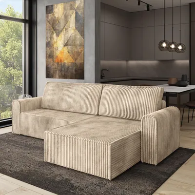 Produktbild von Masseno Ecksofa VALTINO mit Schlaffunktion L-Form, Sofa mit Bettkasten, Wohnzimmersofa, Couch, Soffa, Bettsofa, Couchgarnitur- Creme, TILIA 03