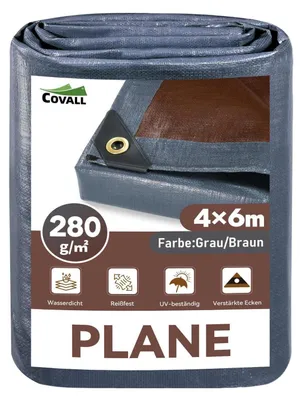 Zdjęcie produktu dla Plachta ochronna 4x6 m, 280 g/m², wytrzymała, z oczkami, wodoodporna, odporna na promieniowanie UV, kolor: szaro-brązowy