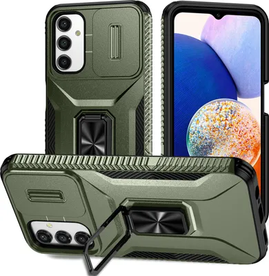 Obrázek produktu pro Dvouvrstvé pouzdro pro Samsung Galaxy A14 5G 4G vojenská ochrana pouzdro s posuvnou ochranou kamery a držákem prstenu/stojánkem zelené