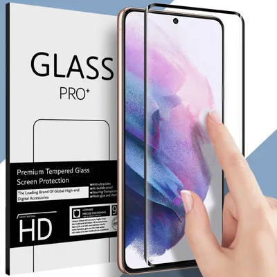 A hand is shown applying a screen protector to a smartphone.
