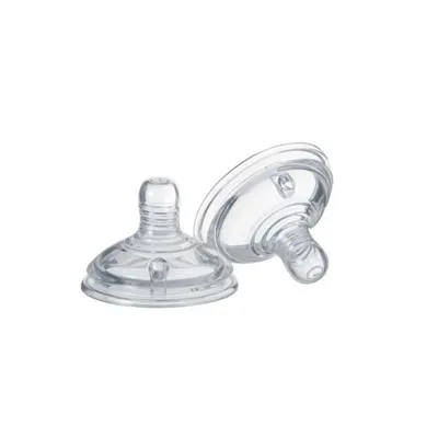 Two clear baby bottle nipples are shown against a white background.