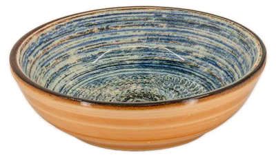 Produktbild von Kaladia Keramik Reibeschüssel Braun/Blau gestreift - ∅ 17 cm - zum Zerkleinern von Zutaten - handgefertigt und spülmaschinenfest