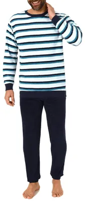 Produktbild von Edler Herren Frottee Pyjama Schlafanzug mit Bündchen in Streifenoptik - 291 101 13 788 ; türkis , 56
