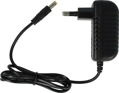 A black power adapter with a European plug and a DC barrel connector is shown against a white background.