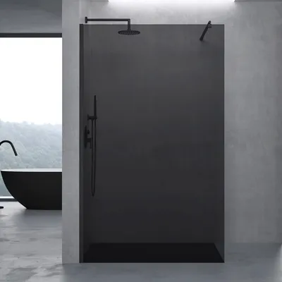 A modern bathroom with a black walk-in shower and a black bathtub.