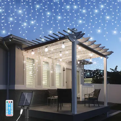 Produktbild von Ikodm 5 M LED Solar Lichterkette LED Eisregen 200 LEDs Eiszapfen Lichtervorhang mit Fernbedienung Innen Garten Deko Kaltweiß