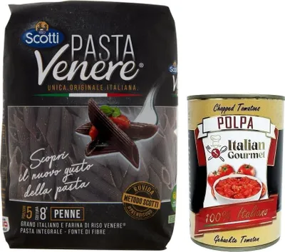 Produktbild von Riso Scotti Pasta Venere Penne Rigate,Pasta aus Hartweizengrieß und Schwarzem Venere-Vollkornreismehl,Packung mit 400g + Italian Gourmet Polpa di Pomodoro 400g Dose