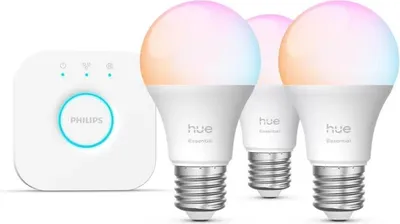 Produktbild von Basis Starter-Set: 3 smarte Lampen E27 (806 lm) + Philips Hue Bridge