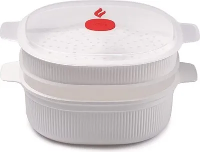 Produktbild von Mikrowellen-Dampfgarer mit 2 Garbehältern, 4 l, Dampfgarer mit Siebeinsatz für die Mikrowelle, 26,5 x 22 x 13,5 cm, Farbe: Weiß und Rot