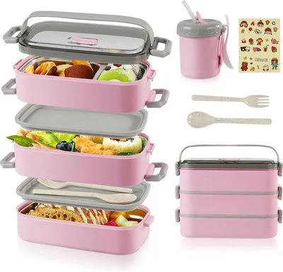 Produktbild von Dreischichtige Lunchbox 2400ml, Edelstahl, rosa, leckfrei, für Arbeit, Schule