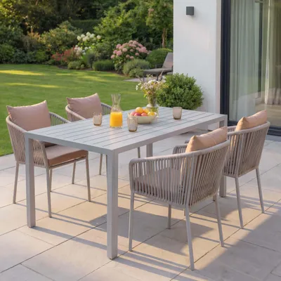 Produktbild von Gartengarnitur HWC-N41, Tisch+4xStuhl, wetterfest Alu 140x80cm, Seilgeflecht Rope  grau Kissen taupe