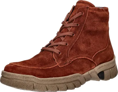 A single brown suede boot is shown against a white background.