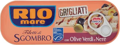 Produktbild von 3x Rio Mare Sgombro gegrillte Makrelenfilets mit grünen, schwarzen Oliven 120g