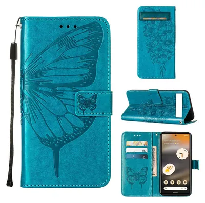 Immagine prodotto di Google Pixel 7A Case, Butterfly Relief Flip Custodia in pelle con slot per schede e stand per Google Pixel 7A blu