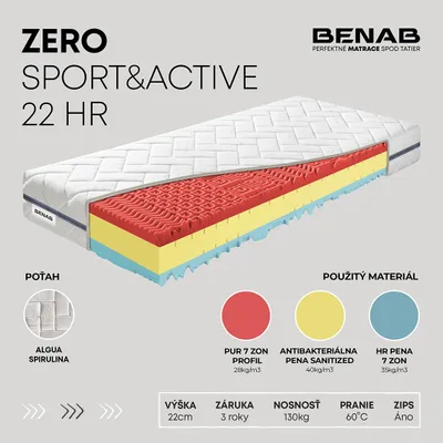 Obrázok produktu pre Matrac zo studenej peny Benab Zero Sport&Active 22 HR Matrac 160 x 200 cm H3 / H4 tvrdosť 22 cm výška Matrace zo studenej peny, Algua Spirulina, PUR, HR, Antibakteriálny, Nopy