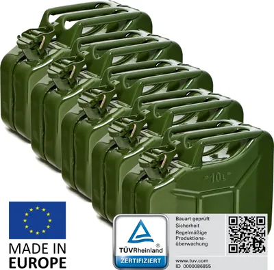 Produktbild von BW® Kraftstoffkanister Metall Benzinkanister 5x 10 Liter - Olivegrün RAL 6003 - UN-Zulassung - Hergestellt in Europa
