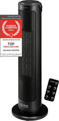 Produktbild von TZS First Austria Turmheizlüfter energiesparend mit Fernbedienung | Sehr leiser Keramik-Heizstrahler | Heizgerät mit Oszillation | Elektroheizung 1200-2000 W, Timer, Thermostat, Umkippschutz, schwarz
