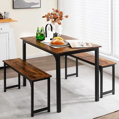 Immagine prodotto di Tavolo da pranzo con 2 panche, set da pranzo per 3 persone, tavolo da cucina di 110 x 70 cm per 4 persone, tavolo da pranzo con struttura in metallo inossidabile, set di sedute per cucina, soggiorno o sala da pranzo (marrone vintage)