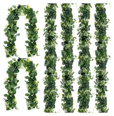 Produktbild von 6 Stück Eukalyptus-Girlande für Tisch, 1,8 m lange Blätter-Girlande, grüne Kunstseide Blattkranz für Tischdekoration, Hochzeit, Hintergrund, Wanddeko