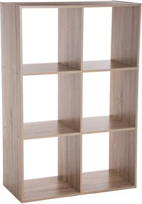 A freestanding, six-compartment shelving unit with a natural wood effect finish, presented against a plain white background.