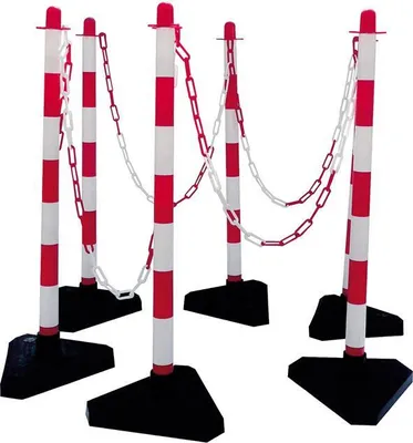 Produktbild von Schake Kettenständerset Kunststoff Pfosten Ø 40 90 cm rot-weiß Fußplatte dreieckig, Absperrkette und Verbindungsglieder