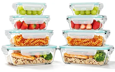 Image de Omgoods - Ensemble de 8 récipients en verre - Verre borosilicaté - Hermétiques - Anti-fuites - Boîtes de rangement - 1040/640/370/180 ml - Boîtes de préparation de repas - Récipients de conservation des aliments