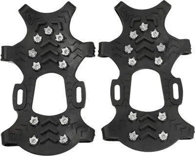 A pair of black ice cleats with metal spikes.