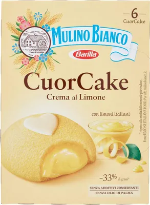 Produktbild von Barilla Mulino Bianco Cuor Cake Snack gefüllt mit Zitronencreme (6 x 35g) 210g Mini Kuchen mit italienischen Zitronen ohne Palmöl Biskuitkuchen