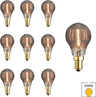 A collection of LED light bulbs arranged on a white background, with one bulb prominently displayed on the right.