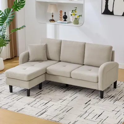 Produktbild von okwish L-förmiges Ecksofa Chaiselongue mit 3-Sitzer und Kunststoffbeinen,Loungesofa Sitzgruppe aus Baumwoll-Leinen-Mischgewebe,Hellbraun