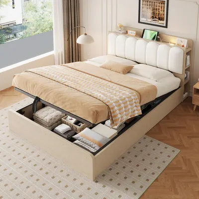 Obrázek produktu pro STILVORA Dřevěná postel 140x200 cm s hydraulickým úložným prostorem, postel s úložným prostorem, polstrovanou opěrkou hlavy a odkládací plochou, nízká postel s USB portem
