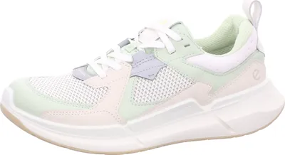 A side view of a white, green, pink, and gray athletic shoe.