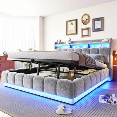 Imagen del producto de Cama tapizada Zerbaco con cajón, 180x200 cm, cama de matrimonio, con sistema hidráulico, iluminación LED, puerto USB, color gris, con somier