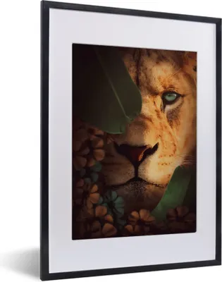 Produktbild von MuchoWow® MuchoWow® Gerahmtes Poster Löwe - Dschungel - Pflanzen 30x40 cm - Poster mit zchwarzem Bilderrahmen - Wandposter Schlafzimmer