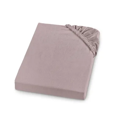 A taupe fitted sheet is shown lying flat on a white background, with the corner folded to reveal the elasticized edge.