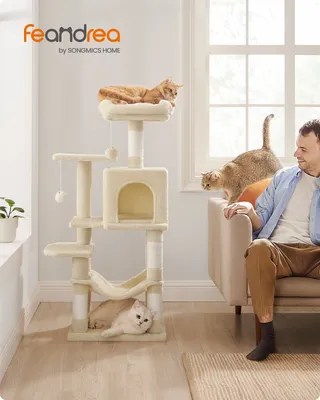 Obrázek produktu pro FEANDREA škrabadlo, 112 cm, strom pro kočky s houpací sítí, vícepatrový domek pro kočky, béžová barva