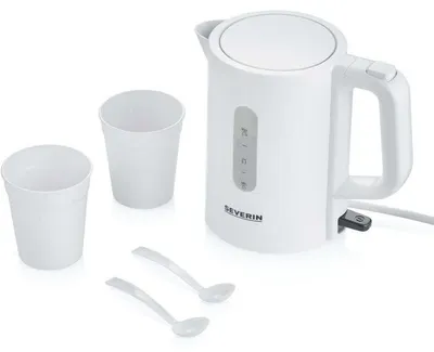 Immagine prodotto di Bollitore da viaggio da 0,5 L - SEVERIN - WK3462 - Senza BPA - 1100 W - Bollitore elettrico fornito con 2 tazze + 2 cucchiaini, Bianco