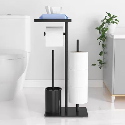 Produktbild von Famanu Toilettenpapierhalter mit WC-Bürste und Feuchttücherbox - Freistehend mit Glasablage (schwarz matt)
