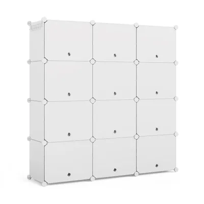 A white modular shoe cabinet with multiple compartments and doors, shown against a white background.