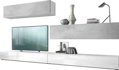 Produktbild von Vladon Wohnwand Nublo,  Germany, Anbauwand mit Rückwand mit 2 Klappen und 2 Sockelelementen, Korpus Weiß matt, Fronten Weiß Hochglanz und Beton Oxid Optik (280 x 147 x 39 cm)
