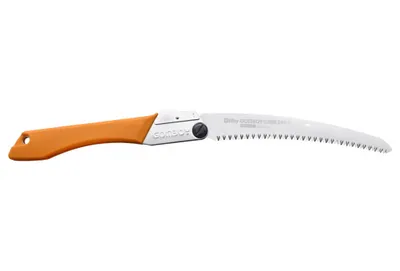 A folding saw with an orange handle and a curved silver blade is shown against a white background.