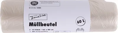 Produktbild von Trendline Müllbeutel 60 L, transparent+Tragegriff, 15 Stück