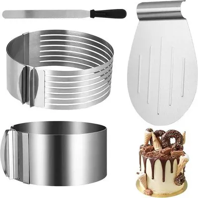 Produktbild von Famanu Tortenmesser Set 4-teilig - Verstellbare Tortenring, langes Tortenmesser, Tortenheber aus Edelstahl