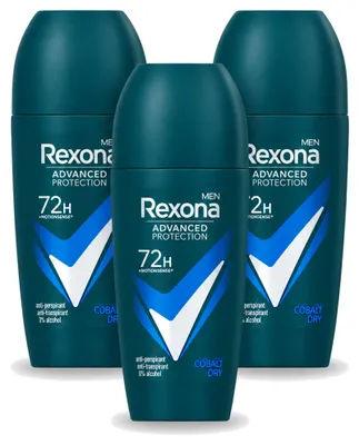 Imagen del producto de 3 unidades de antitranspirante en roll-on Rexona Men Advanced Protection Dry Cobalt, 50 ml cada uno. Paquete económico